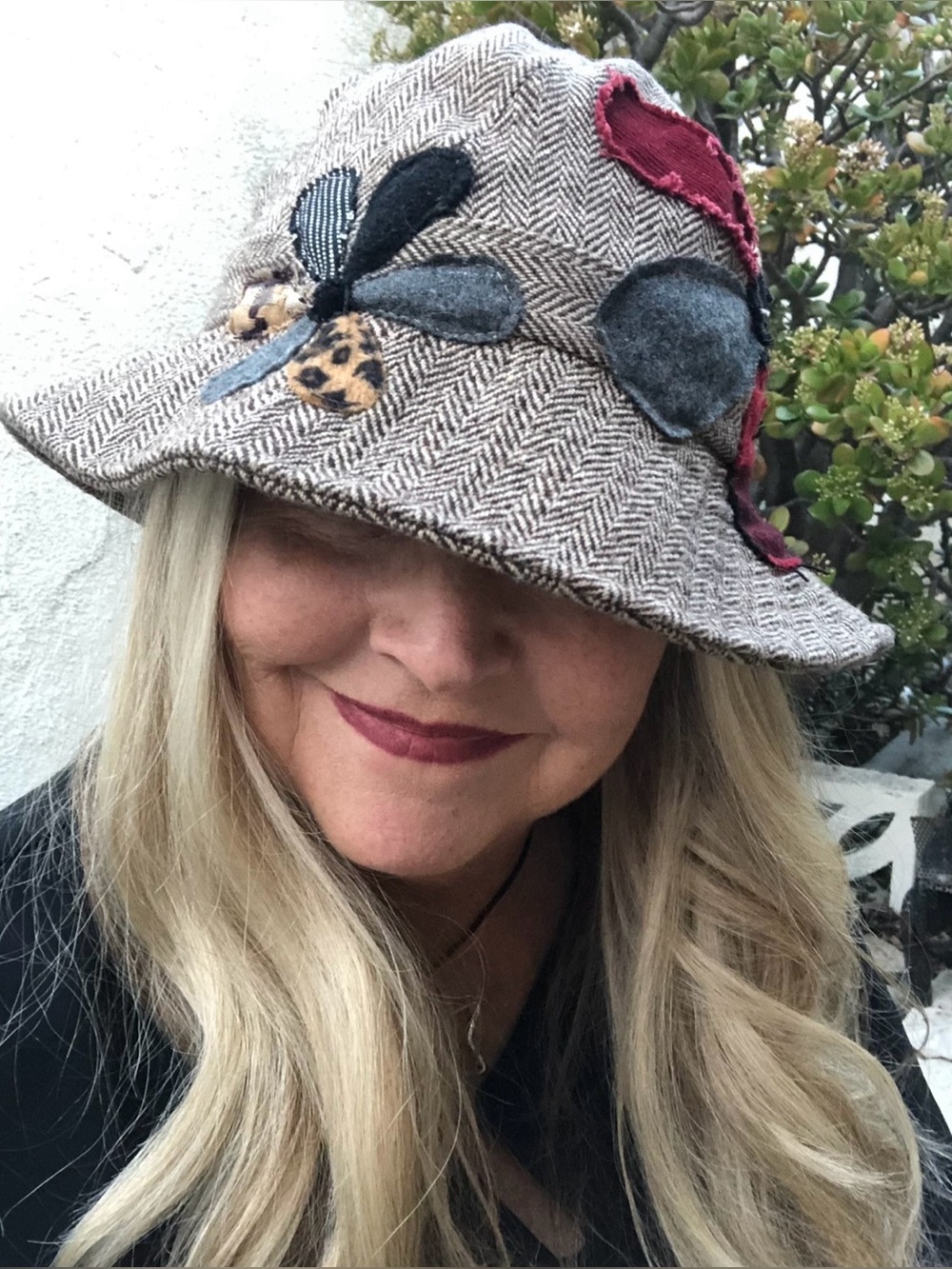 Womens Beige Herringbone Cloche Hat with Multicolor Flower Accent